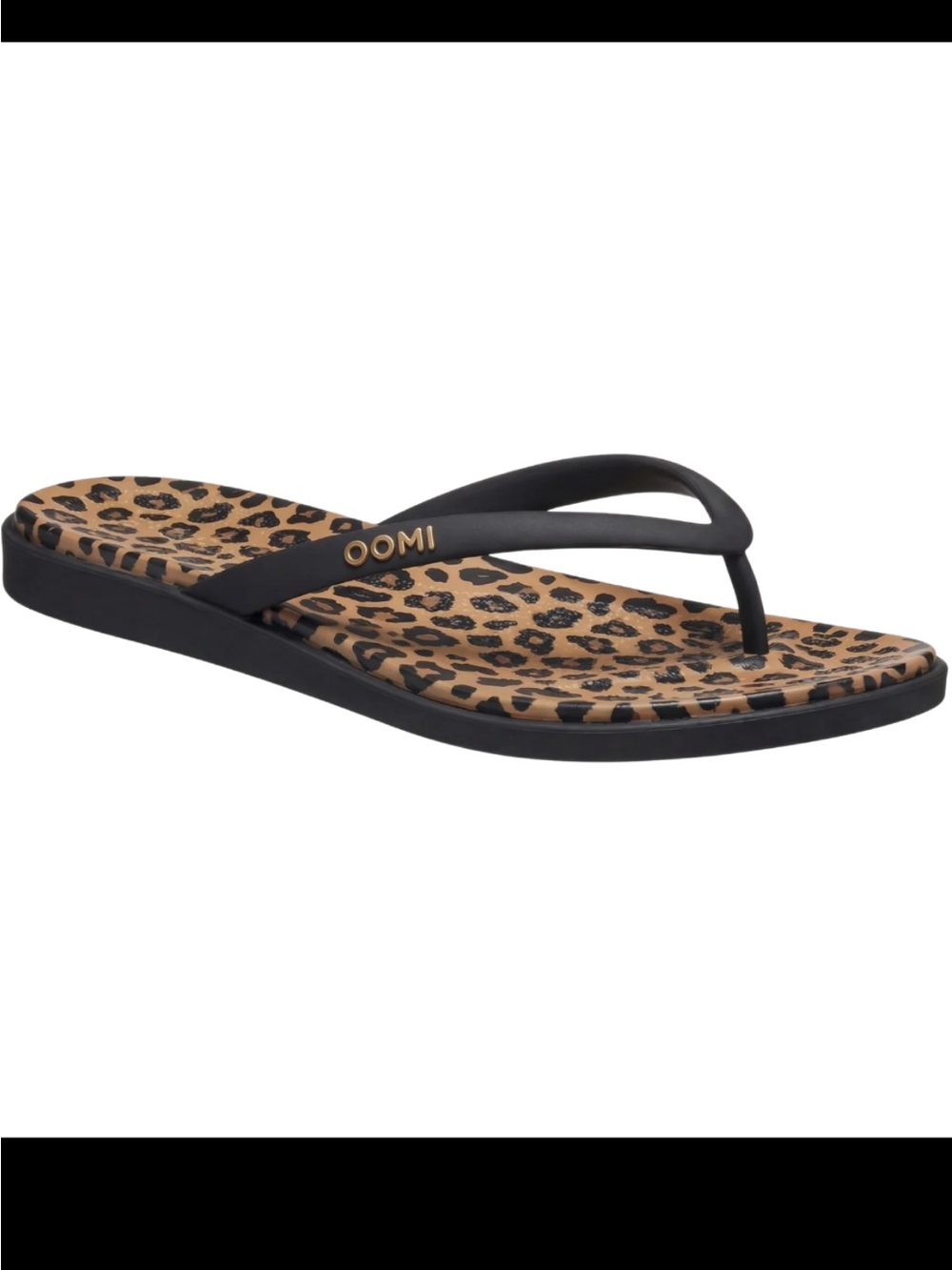 OOMI Women's Black Strap Flip Flop with Leopard Footbed